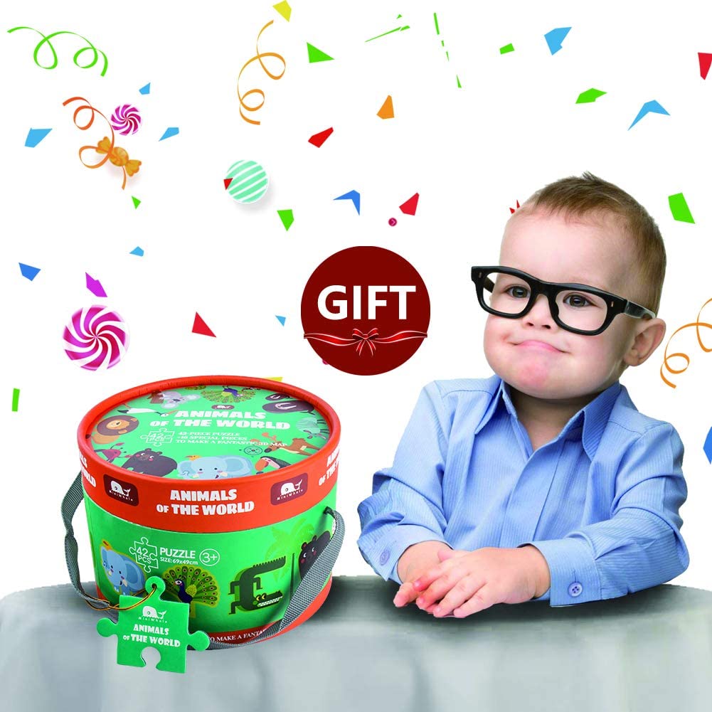 Rompecabezas de animales del mapa del mundo con el suelo colorido para niños de 3 años de edad que elevan el reconocimiento de los niños y la práctica de habilidades de memoria (42 piezas)
