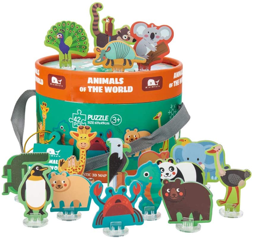 Rompecabezas de animales del mapa del mundo con el suelo colorido para niños de 3 años de edad que elevan el reconocimiento de los niños y la práctica de habilidades de memoria (42 piezas)