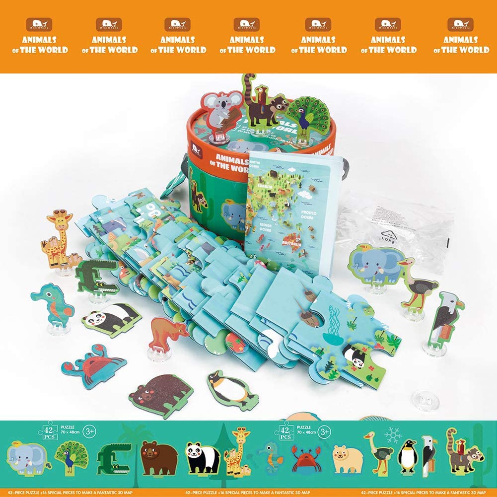 Rompecabezas de animales del mapa del mundo con el suelo colorido para niños de 3 años de edad que elevan el reconocimiento de los niños y la práctica de habilidades de memoria (42 piezas)