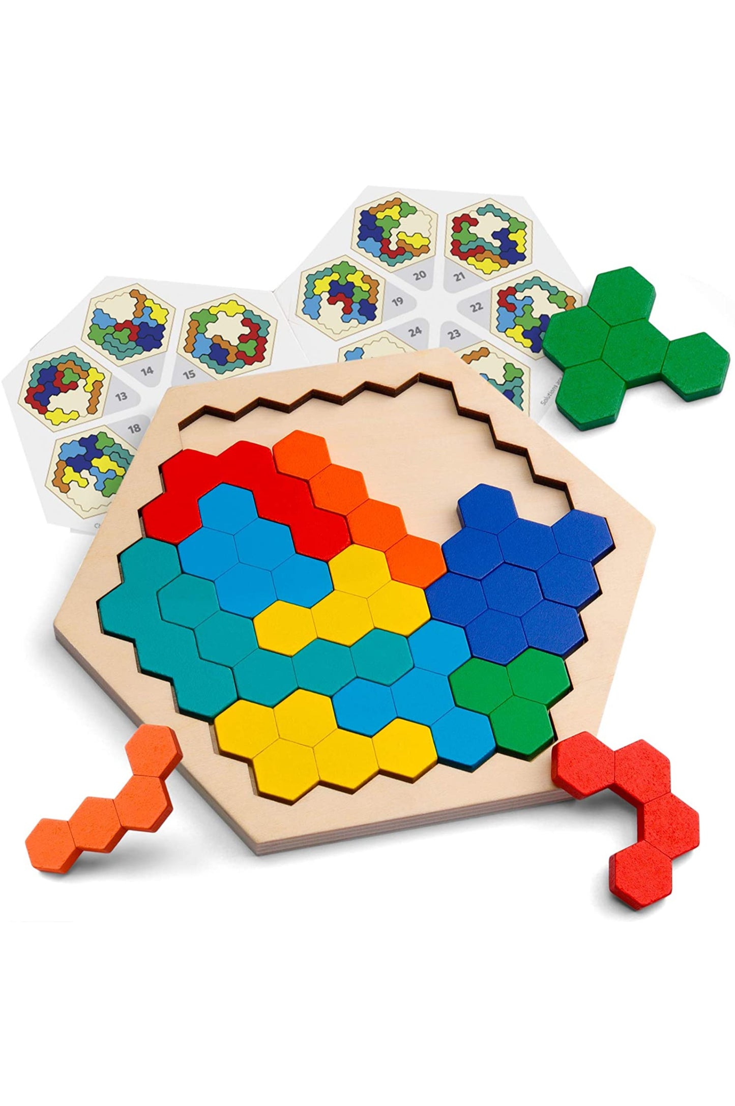 Puzzle hexagonal de madera para niños. Juguete de geometría y lógica.