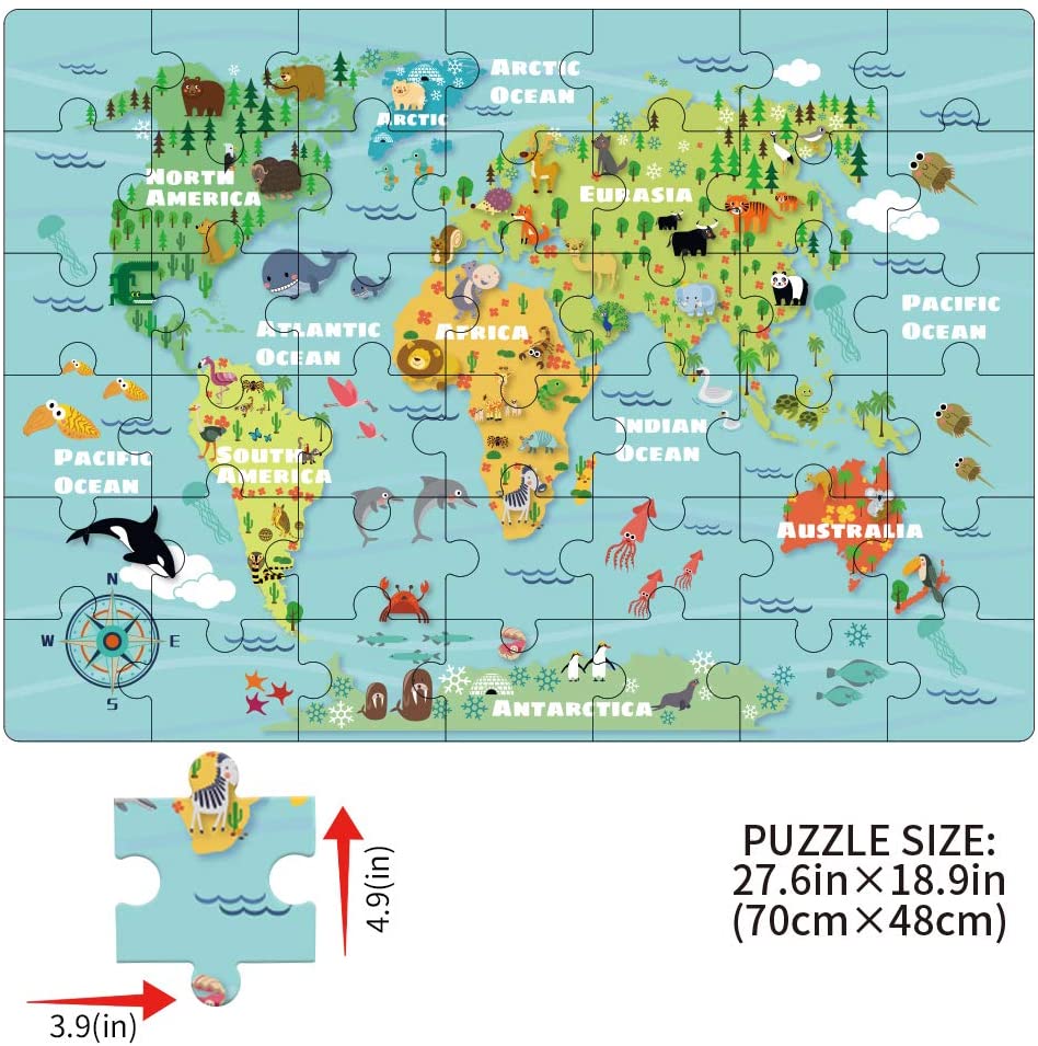 Rompecabezas de animales del mapa del mundo con el suelo colorido  para niños de 3 años de edad que elevan el reconocimiento de los niños y la práctica de habilidades de memoria (42 piezas)