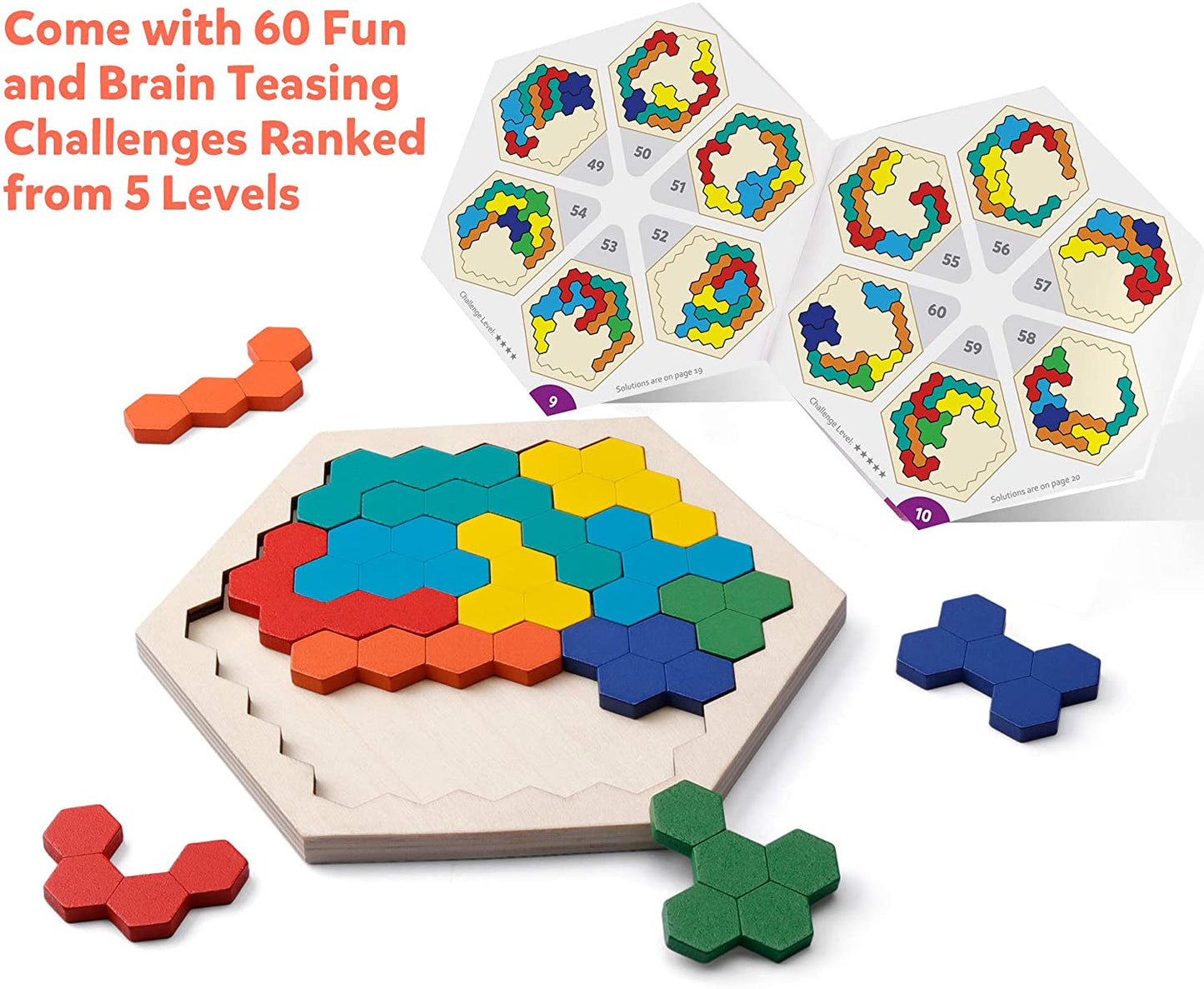 Puzzle hexagonal de madera para niños. Juguete de geometría y lógica.