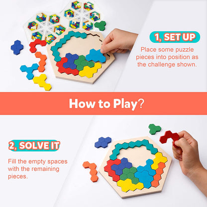 Puzzle hexagonal de madera para niños. Juguete de geometría y lógica.