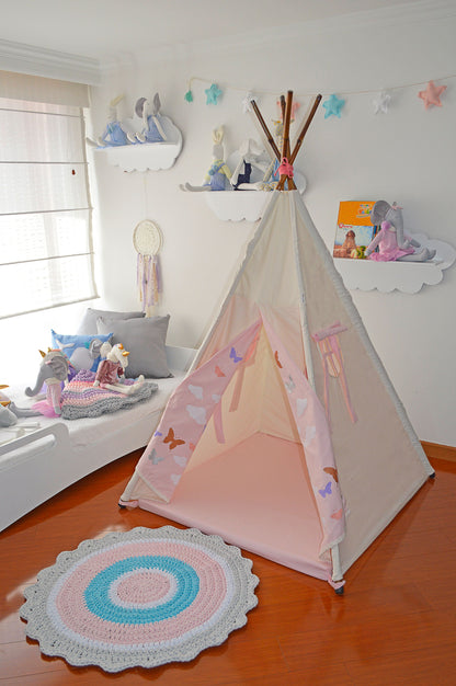 Teepee beige/rosa nubes mariposas