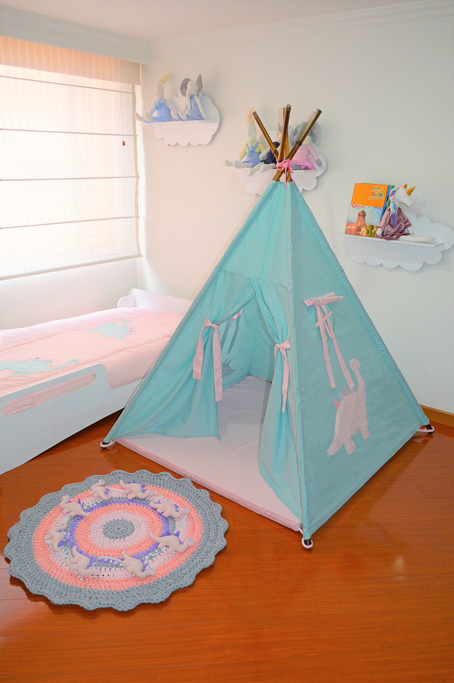 Teepee Dinosaurio verde menta rosado