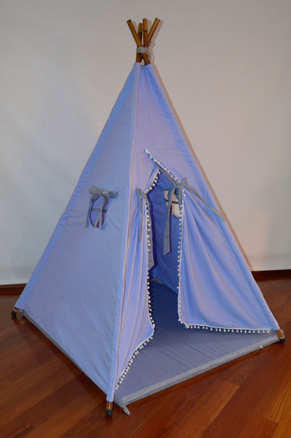 Teepee Azul claro/ gris claro borlas